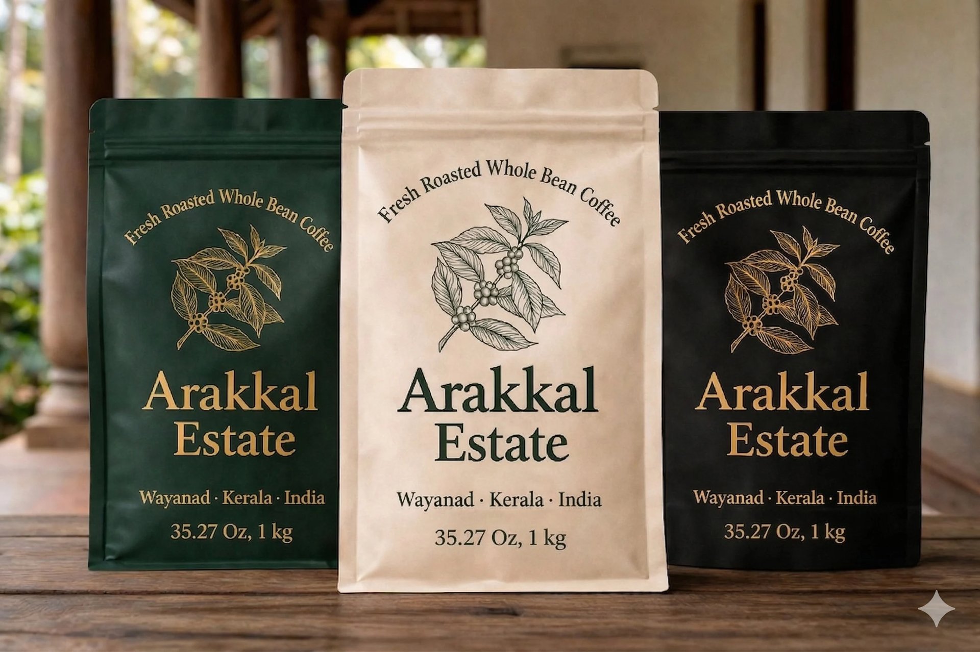 Three Arakkal Estate coffee bags in green, cream, and black, displaying first roasted whole bean coffee from Wayanad, Kerala, India